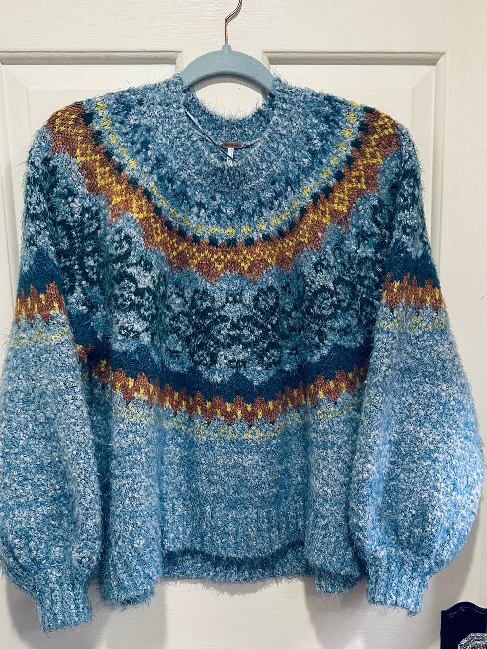 Free People Fair Isle Fuzzy Blue Patterned Bouclé Sweater - Oversized Women S